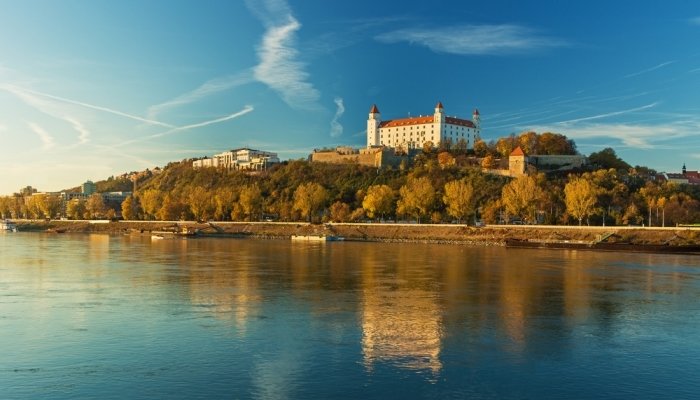 Bratislava Castle Parliament And Danube River And Beautiful Fall Day Slovakia