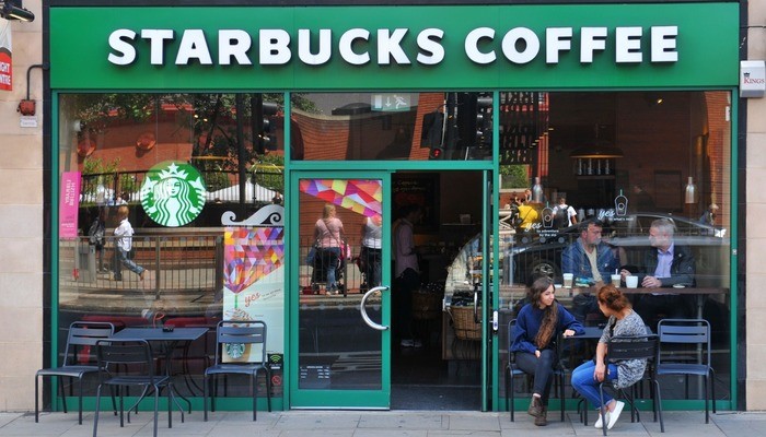 Exterior of a Starbucks coffee shop in central London, UK