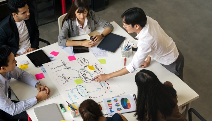 A marketing team engaging in a meeting