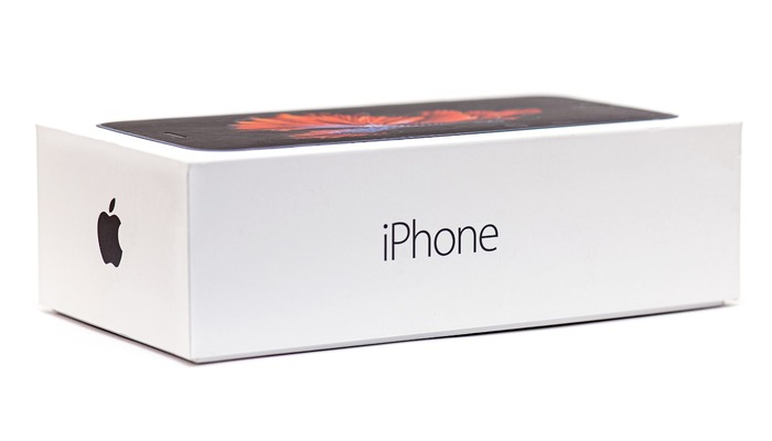 Box of the Apple iPhone isolated on white Background in NY on October 2019 in USA