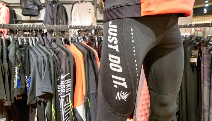 Just Do It trademark on a sportwear seen at Nike store at New Town Plaza shopping mall in Sha Tin